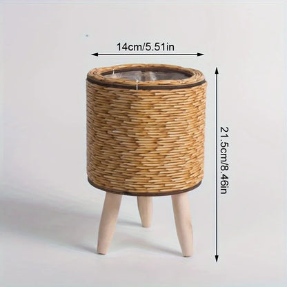Charming Rustic Rattan Planter With Wooden Legs -  For Indoor/Outdoor Plants & Decor