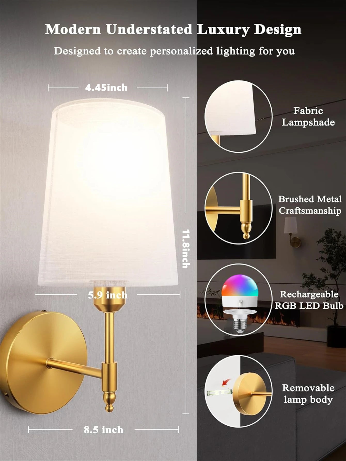 Wireless Rechargeable Battery-Powered Wall Light with 4000 Mah, Dimmable, Detachable Bulb and Remote Control, 1