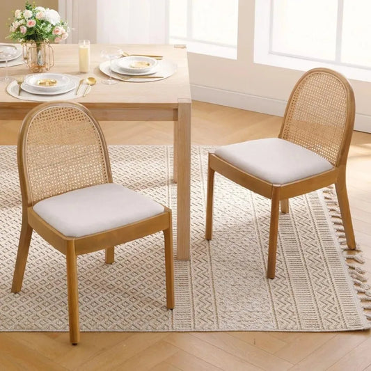 Linen Dining Chairs Set of 2, Natural Woven Cane Back Side Chairs with Solid Wood Legs Mid Century ,Customized