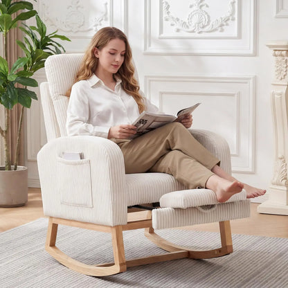 Corduroy Nursery Rocking Chair, Tufted Glider Rocker with Adjustable Footrest & Side Pocket for Bedroom Living Room