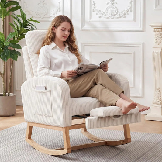 Corduroy Nursery Rocking Chair, Tufted Glider Rocker with Adjustable Footrest & Side Pocket for Bedroom Living Room