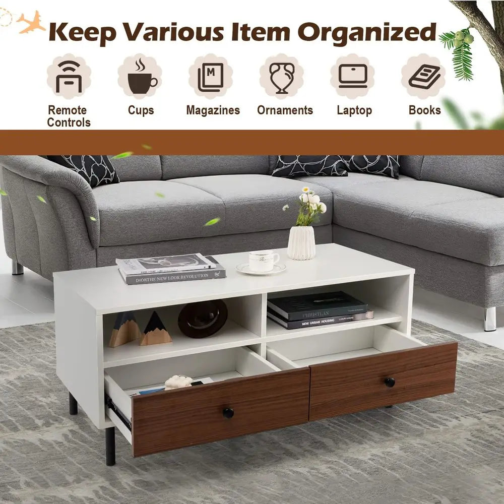 Rectangle Sofa Center Table with 2 Open Shelves 2 Drawers, Sturdy Metal Legs, Wood Accent End