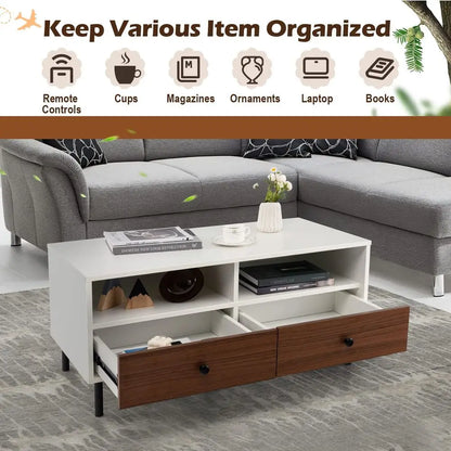 Rectangle Sofa Center Table with 2 Open Shelves 2 Drawers, Sturdy Metal Legs, Wood Accent End