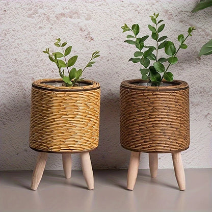 Charming Rustic Rattan Planter With Wooden Legs -  For Indoor/Outdoor Plants & Decor