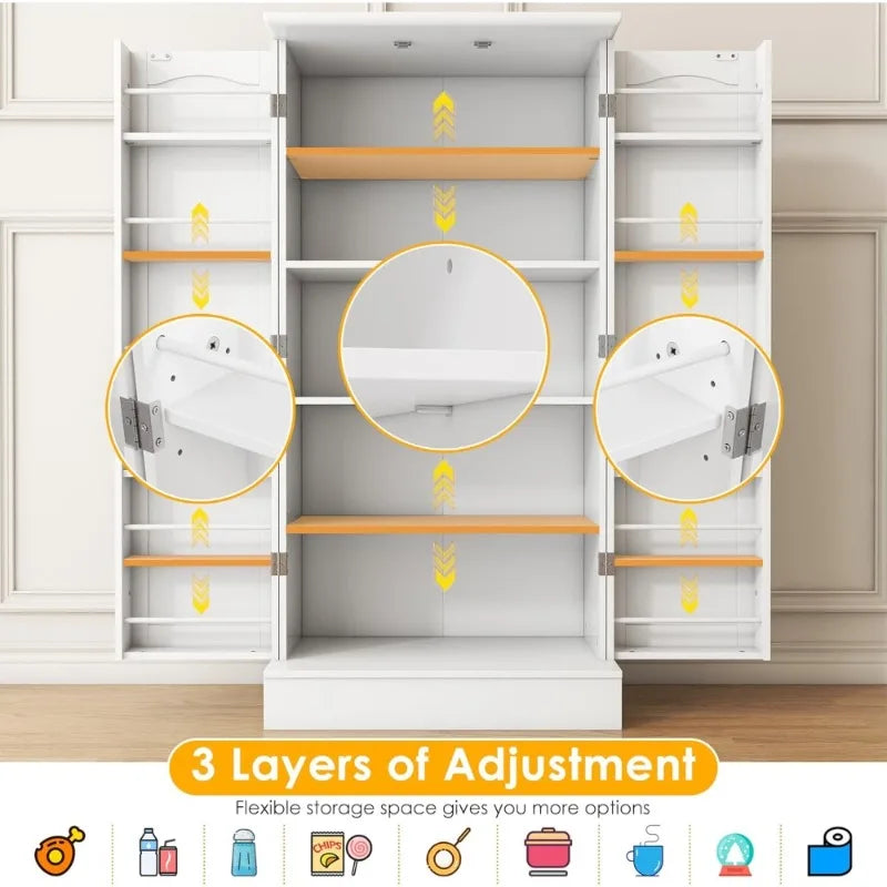 Freestanding Pantry Cabinet with Adjustable Shelves and Doors