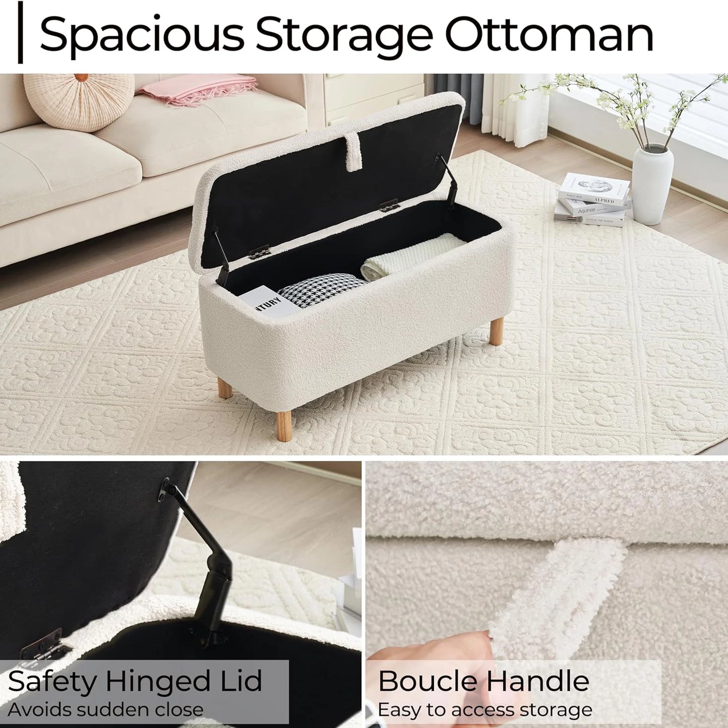 39.5" Boucle Storage Ottoman Bench