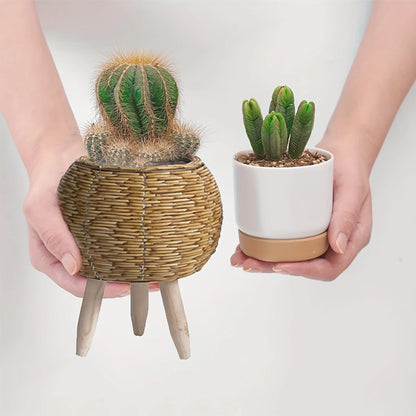 Charming Rustic Rattan Planter With Wooden Legs -  For Indoor/Outdoor Plants & Decor