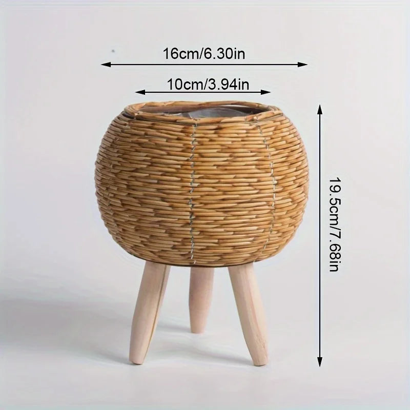 Charming Rustic Rattan Planter With Wooden Legs -  For Indoor/Outdoor Plants & Decor