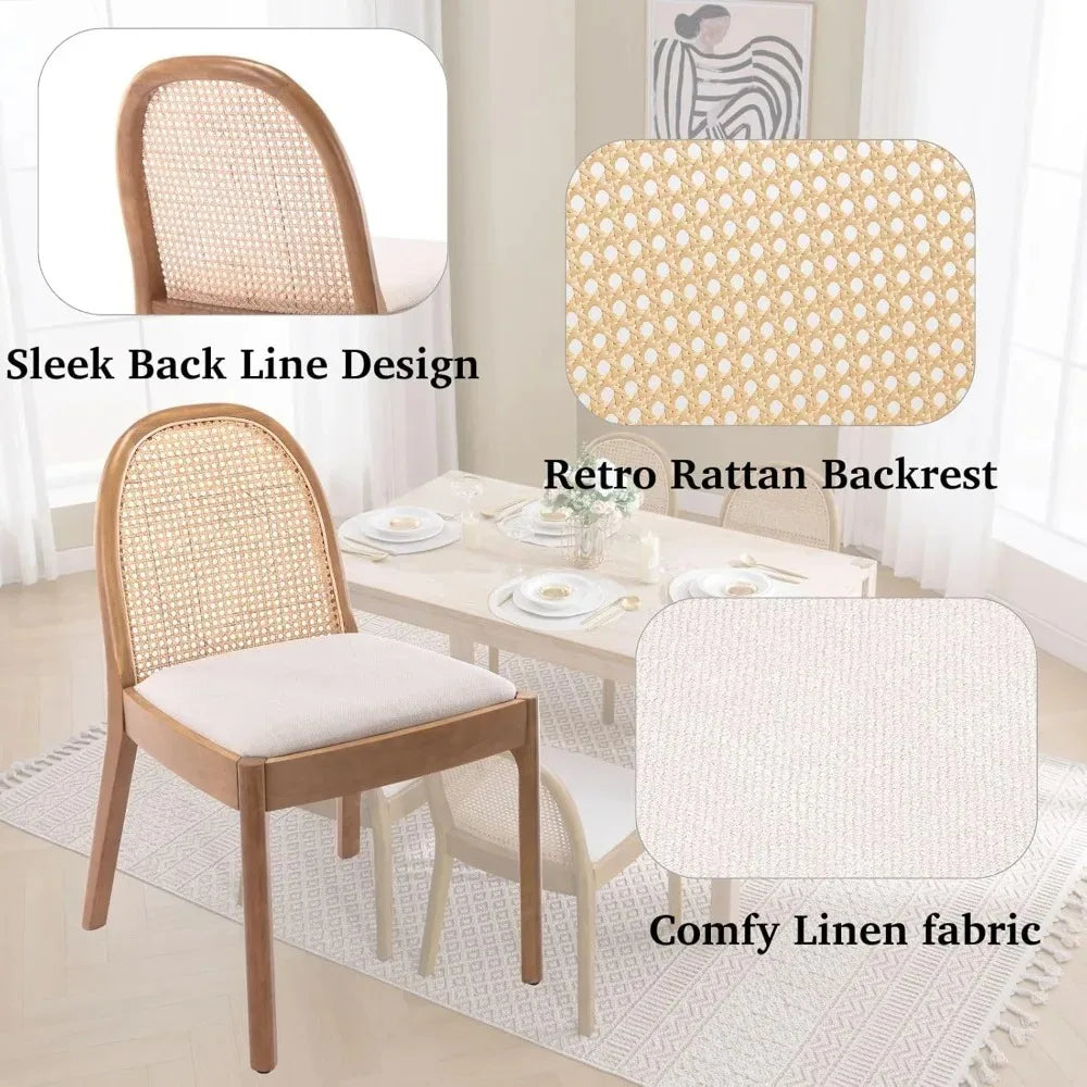 Linen Dining Chairs Set of 2, Natural Woven Cane Back Side Chairs with Solid Wood Legs Mid Century ,Customized
