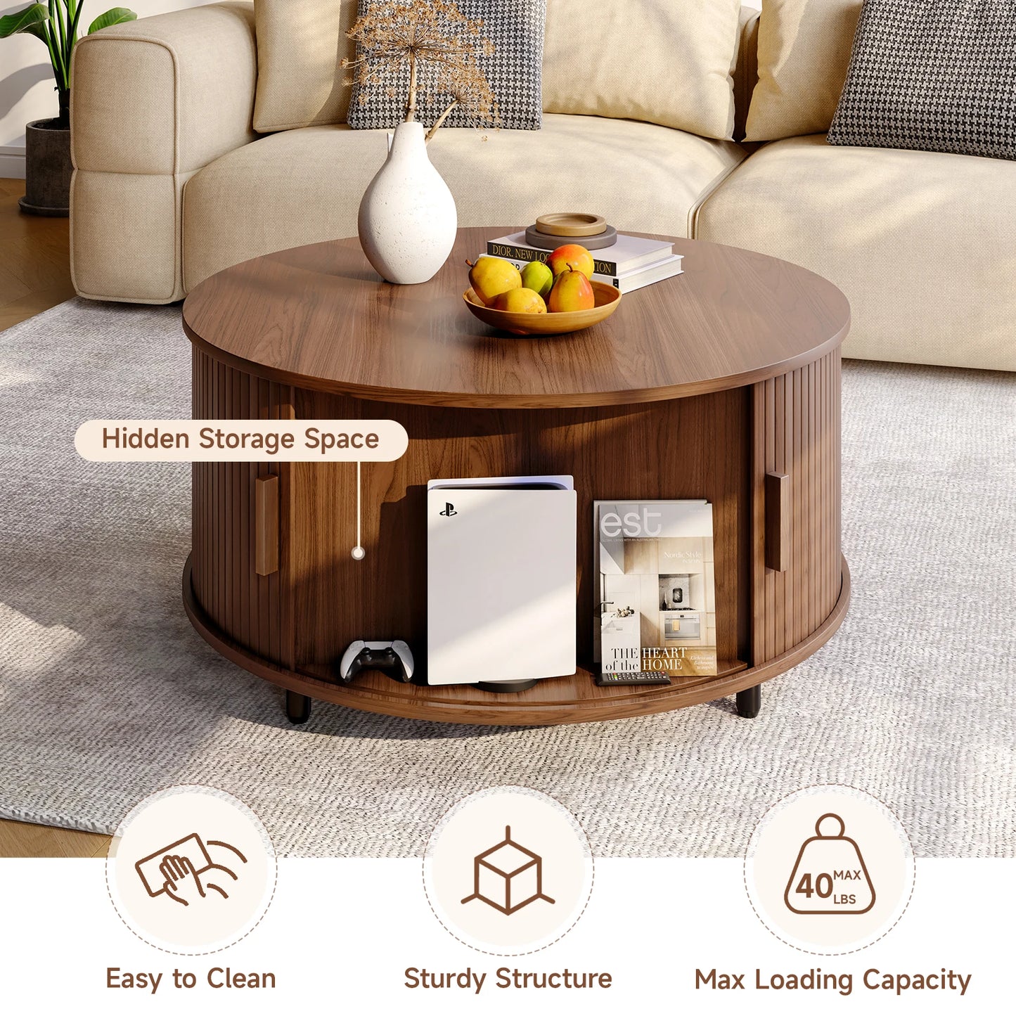 31.5" Modern Coffee Table with 360° Curved Sliding Door