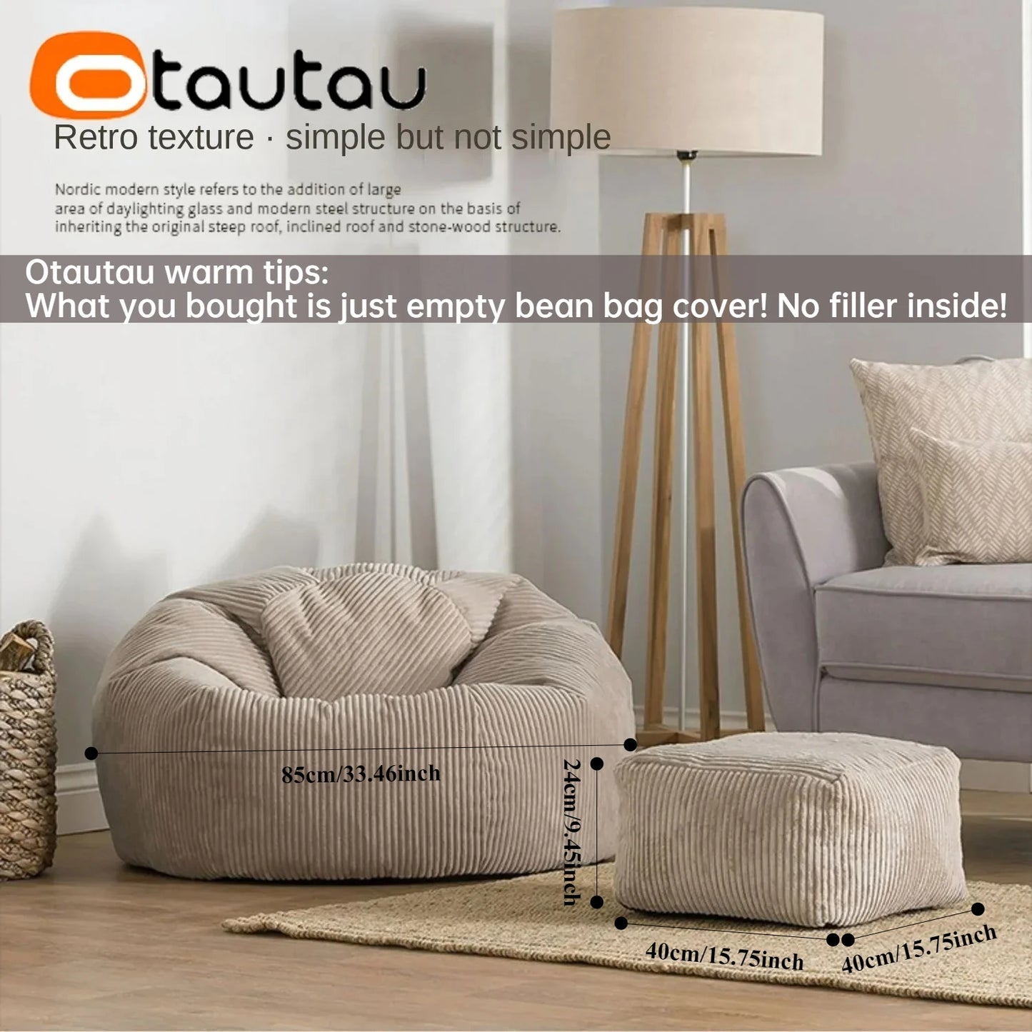 OTAUTAU Corduroy Bean Bag Pouf Cover Without Filler Lazy Floor Beanbag Chair Sac Puff Ottoman Lounger Frameless Furniture DD025