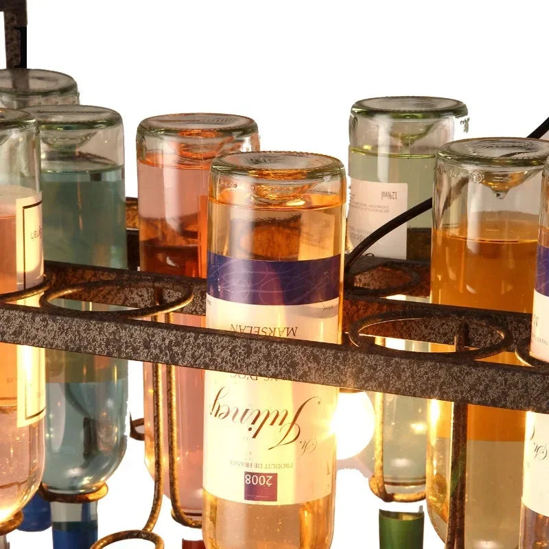 American Retro Industrial Rust Metal Colored Wine Bottle Glass Chandelier LED
