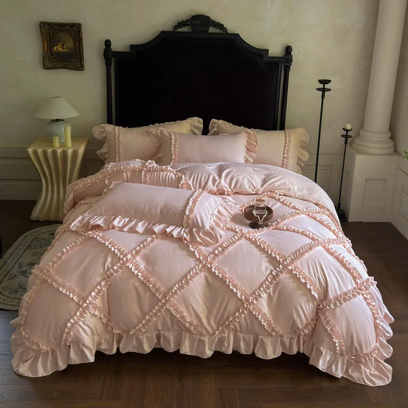4Pcs French Princess Style Ruffles Bedding Set Double King Queen Size  Bedroom Duvet Cover