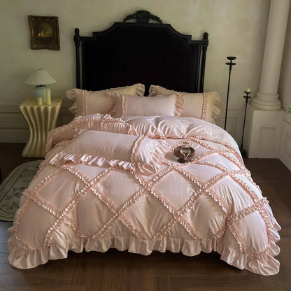 4Pcs French Princess Style Ruffles Bedding Set Double King Queen Size  Bedroom Duvet Cover