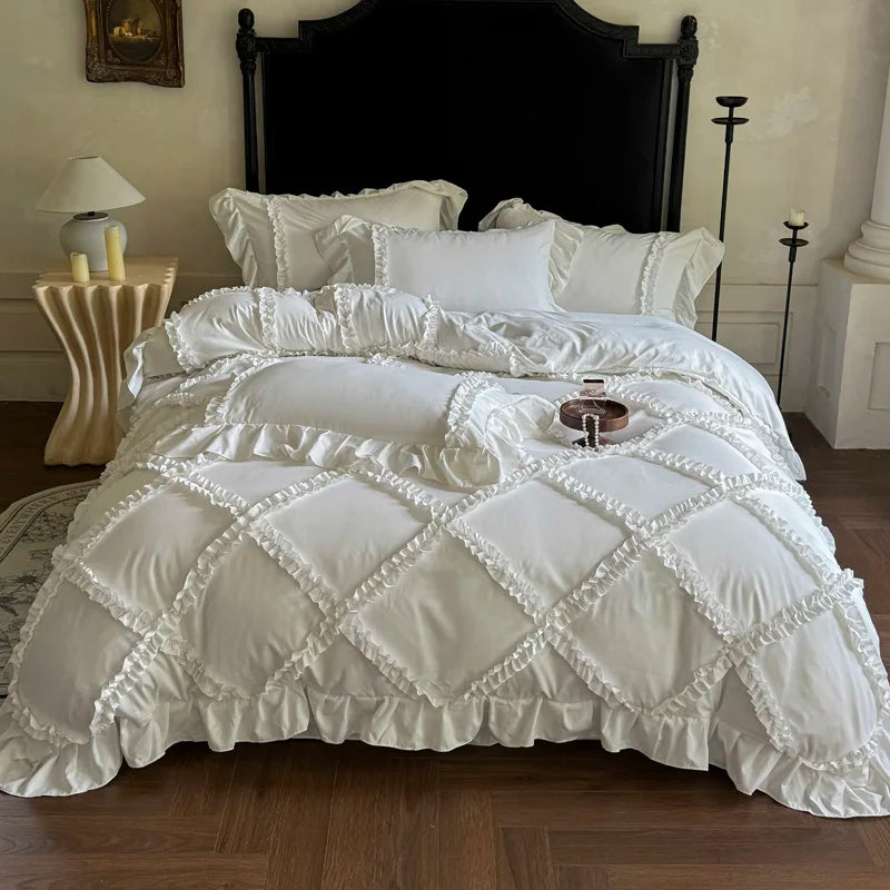 4Pcs French Princess Style Ruffles Bedding Set Double King Queen Size  Bedroom Duvet Cover
