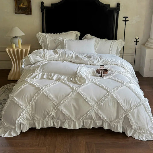 4Pcs French Princess Style Ruffles Bedding Set Double King Queen Size  Bedroom Duvet Cover