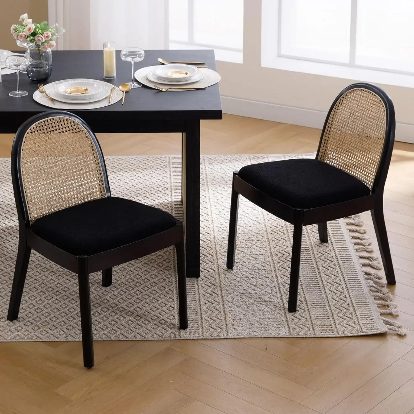 Linen Dining Chairs Set of 2, Natural Woven Cane Back Side Chairs with Solid Wood Legs Mid Century ,Customized