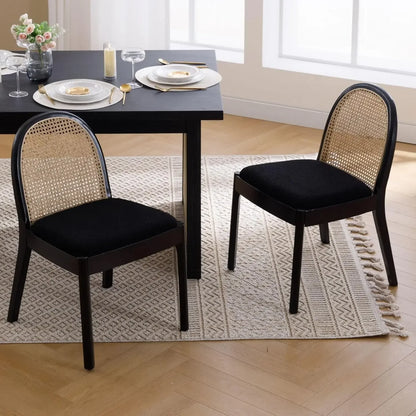 Linen Dining Chairs Set of 2, Natural Woven Cane Back Side Chairs with Solid Wood Legs Mid Century ,Customized