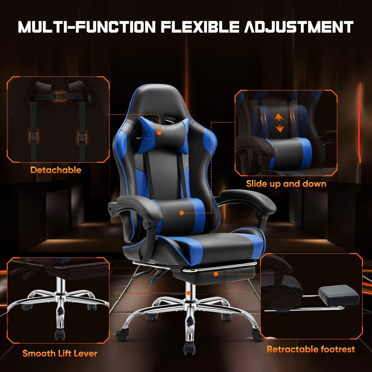 Ergonomic Office and Gaming Chair Adjustable Swivel PU Leather with Headrest and Lumbar Support